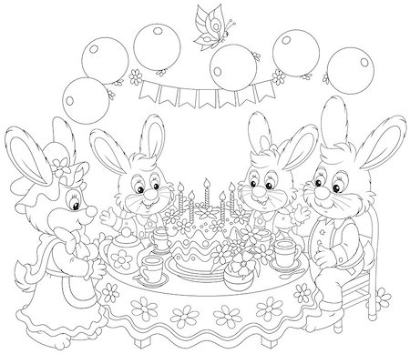 family tea time - Family of rabbits at the holiday table with a birthday cake Stock Photo - Budget Royalty-Free & Subscription, Code: 400-07624386