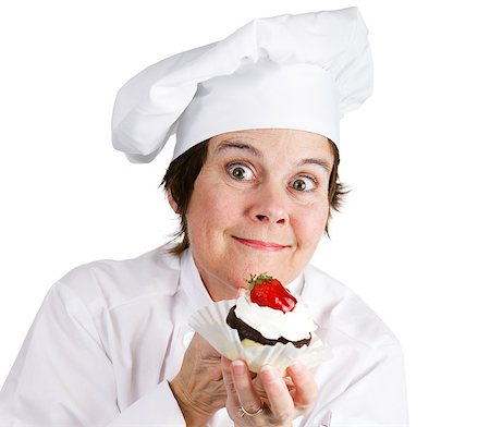 pastry chef uniform for women - Pastry chef excited about her new creation.  Isolated on white. Stock Photo - Budget Royalty-Free & Subscription, Code: 400-07624435