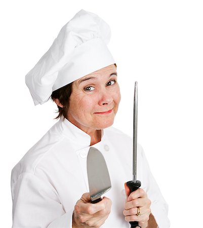 Chef sharpening a large kitchen knife.  Isolated on white. Stock Photo - Budget Royalty-Free & Subscription, Code: 400-07624431