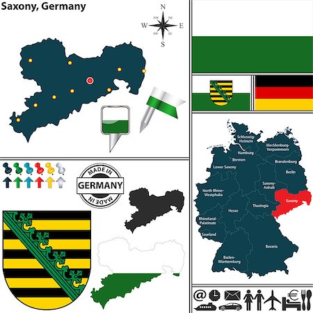 simsearch:400-07624848,k - Vector map of state Saxony with coat of arms and location on Germany map Foto de stock - Royalty-Free Super Valor e Assinatura, Número: 400-07624858