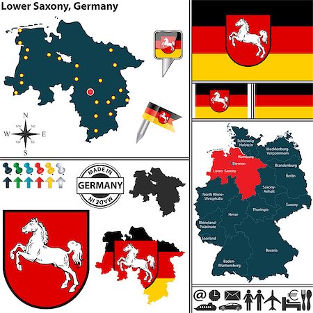 simsearch:400-07624848,k - Vector map of state Lower Saxony with coat of arms and location on Germany map Foto de stock - Royalty-Free Super Valor e Assinatura, Número: 400-07624853