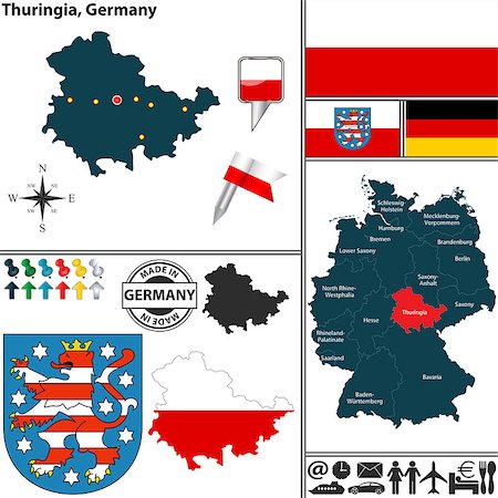 simsearch:400-07624848,k - Vector map of state Thuringia with coat of arms and location on Germany map Foto de stock - Royalty-Free Super Valor e Assinatura, Número: 400-07624861