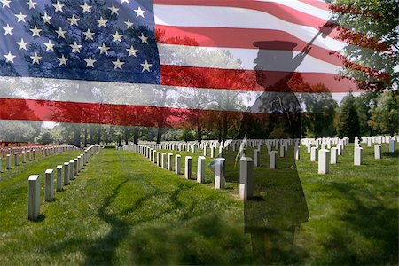 Great for 4th of July or Memorial Day. Grave stones in a row with a soldier silhouette and an US National flag. Photographie de stock - Aubaine LD & Abonnement, Code: 400-07624997