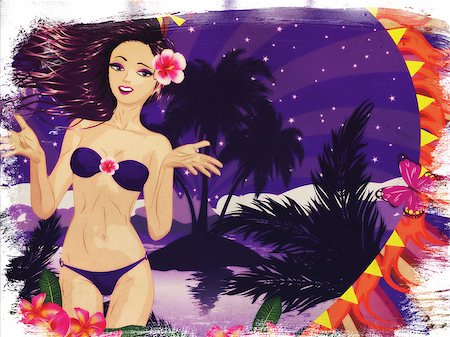 Violet bikini girl in heart shaped frame with tropic island at night grunge background. Photographie de stock - Aubaine LD & Abonnement, Code: 400-07625272