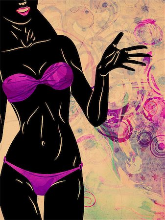 simsearch:400-07625279,k - Silhouette of a beautiful girl in violet bikini on grunge background. Stock Photo - Budget Royalty-Free & Subscription, Code: 400-07625285