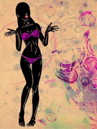 simsearch:400-07619565,k - Silhouette of a beautiful girl in violet bikini on grunge background. Foto de stock - Royalty-Free Super Valor e Assinatura, Número: 400-07625283