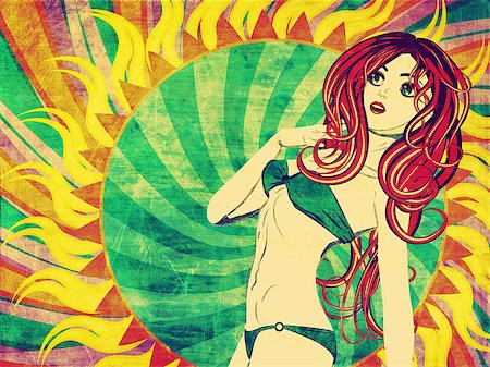 simsearch:400-04863868,k - Green bikini girl with red hair on grunge sun background. Stock Photo - Budget Royalty-Free & Subscription, Code: 400-07625311