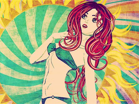 simsearch:400-04863868,k - Green bikini girl with red hair on grunge sun background. Stock Photo - Budget Royalty-Free & Subscription, Code: 400-07625313