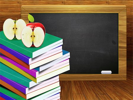 simsearch:400-07258580,k - Blackboard, school books and apples on wood background. Fotografie stock - Microstock e Abbonamento, Codice: 400-07625339
