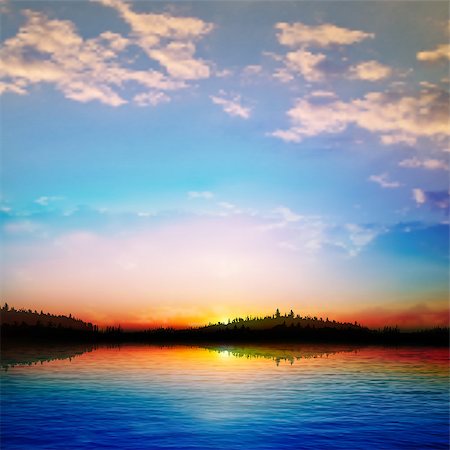 simsearch:400-07924233,k - abstract sunrise background with forest lake and blue sky Foto de stock - Super Valor sin royalties y Suscripción, Código: 400-07625533