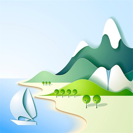sea postcards vector - Paper mountain landscape with sea and yacht Stock Photo - Budget Royalty-Free & Subscription, Code: 400-07625829