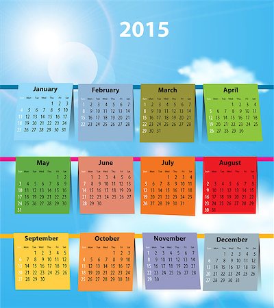 Calendar for 2015 like laundry on the clothesline. Sundays first. Vector illustration Photographie de stock - Aubaine LD & Abonnement, Code: 400-07625908