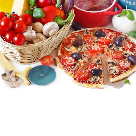 simsearch:400-07314797,k - Rustic Italian pizza with mushrooms, cheese and vegetables close-up on a white background with copy space. Photographie de stock - Aubaine LD & Abonnement, Code: 400-07626144