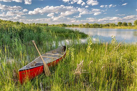 simsearch:400-07546780,k - red canoe with a wooden paddle on lake shore with green vegetation Stock Photo - Budget Royalty-Free & Subscription, Code: 400-07626338