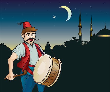 simsearch:400-05381430,k - Ramadan drummer, night, the moon and a mosque Stock Photo - Budget Royalty-Free & Subscription, Code: 400-07627077