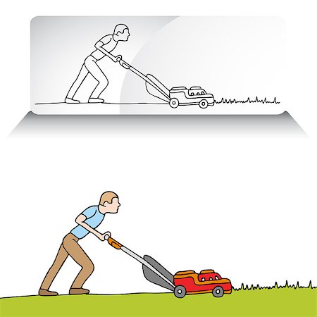 An image of a man mowing the lawn with a lawnmower. Stock Photo - Budget Royalty-Free & Subscription, Code: 400-07627264