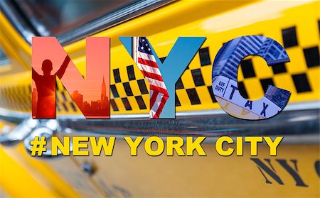 New York City America travel & tourist montage, The Empire State Building, skyline, yellow taxi cab, stars and stripes flag, hashtag and NYC Stock Photo - Budget Royalty-Free & Subscription, Code: 400-07627319