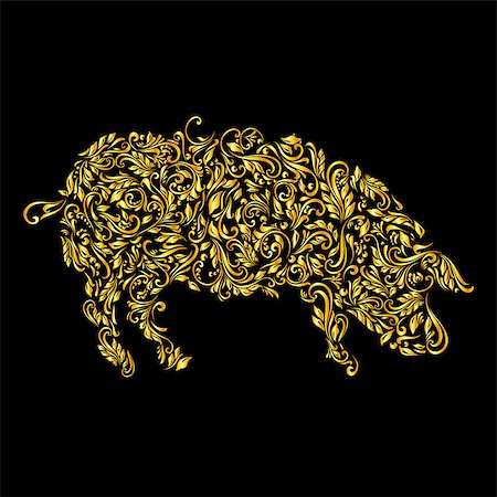 Floral gold pattern of vines in the shape of a pig on a black background Stock Photo - Budget Royalty-Free & Subscription, Code: 400-07627590