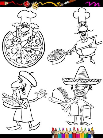 Coloring Book or Page Cartoon Illustration of Black and White Chefs Characters with National Food for Children Stock Photo - Budget Royalty-Free & Subscription, Code: 400-07627809
