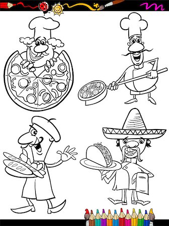 Coloring Book or Page Cartoon Illustration of Black and White Chefs Characters with National Food for Children Stock Photo - Budget Royalty-Free & Subscription, Code: 400-07627809