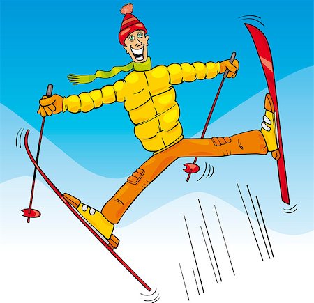 Cartoon Illustrations of Funny Man Jumping on Ski Stock Photo - Budget Royalty-Free & Subscription, Code: 400-07627814