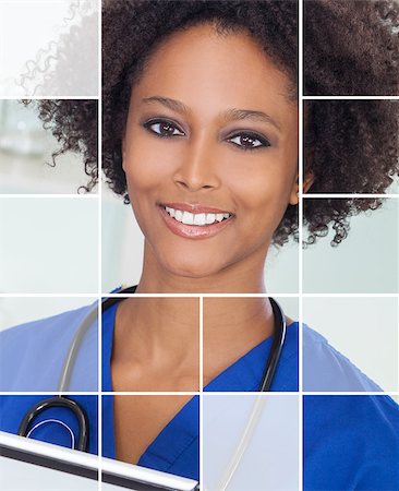 doctor business computer - Grid montage of an african american woman, nurse doctor in hospital with a tablet computer and stethoscope. Stock Photo - Budget Royalty-Free & Subscription, Code: 400-07627945