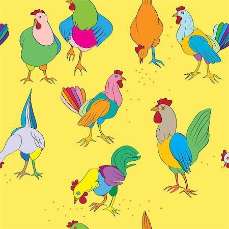 simsearch:400-06692271,k - Hens and roosters seamless pattern, hand drawn illustration of colored farm birds on a yellow background Stock Photo - Budget Royalty-Free & Subscription, Code: 400-07628032