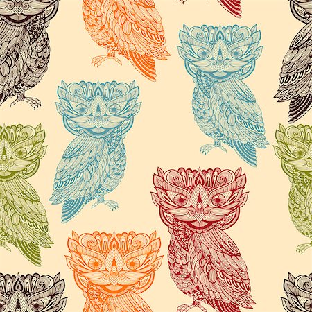 Vector Seamless Pattern with Bright  Owls, fully editable eps 10 file with clipping mash and seamless pattern in swatch menu Stock Photo - Budget Royalty-Free & Subscription, Code: 400-07628069
