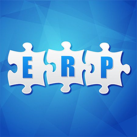 simsearch:400-04892217,k - ERP - text in white puzzle pieces over blue background, flat design, enterprise resource planning systems, business concept Stock Photo - Budget Royalty-Free & Subscription, Code: 400-07628666