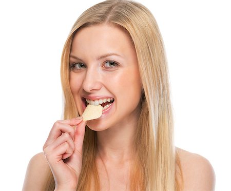 fat teen girl eating - Portrait of happy teenager eating chips Stock Photo - Budget Royalty-Free & Subscription, Code: 400-07620178