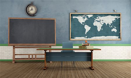 Vintage classroom with blackboard teacher's desk and world map on wall - rendering Stock Photo - Budget Royalty-Free & Subscription, Code: 400-07620267