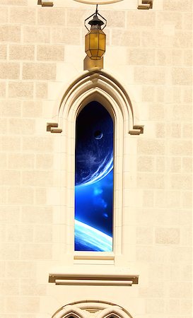 simsearch:400-04173801,k - Frame with ancient window and space scene Stock Photo - Budget Royalty-Free & Subscription, Code: 400-07620540