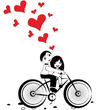 Happy man and woman in love on bicycle. Girl boy cycling with big red heart for valentine day vector Stock Photo - Budget Royalty-Free & Subscription, Code: 400-07620700