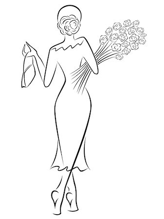 simsearch:400-07620944,k - Graceful lady in a long dress with a bouquet of roses goes away, black over white hand drawing sketching vector artwork Fotografie stock - Microstock e Abbonamento, Codice: 400-07620942