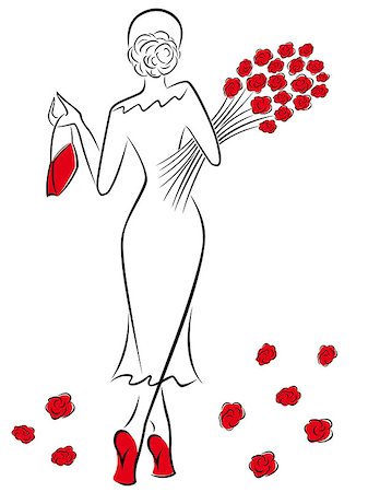simsearch:400-07620944,k - Graceful lady in a long dress with a bouquet of red roses goes away, hand drawing sketching vector artwork Fotografie stock - Microstock e Abbonamento, Codice: 400-07620943