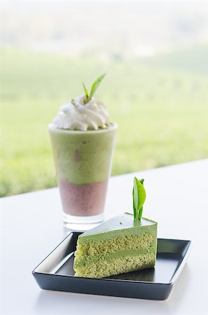 Green tea cake and smoothie with whipped cream Stock Photo - Budget Royalty-Free & Subscription, Code: 400-07621166