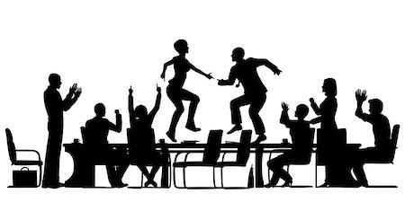 Editable vector silhouettes of business people celebrating at a meeting by dancing on the table with all elements as separate objects Stock Photo - Budget Royalty-Free & Subscription, Code: 400-07621275