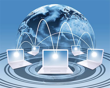 simsearch:400-06857713,k - Laptops with Earth against world map background. Connections and network. Elements of this image are furnished by NASA Fotografie stock - Microstock e Abbonamento, Codice: 400-07621327