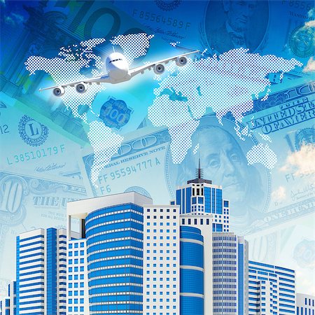 Airplane with the background of skyscrapers and money. Concept growth in business Foto de stock - Super Valor sin royalties y Suscripción, Código: 400-07621333