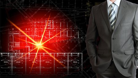 shirt technical sketch - Businessman in a suit with background of glowing architectural drawing Stock Photo - Budget Royalty-Free & Subscription, Code: 400-07621522