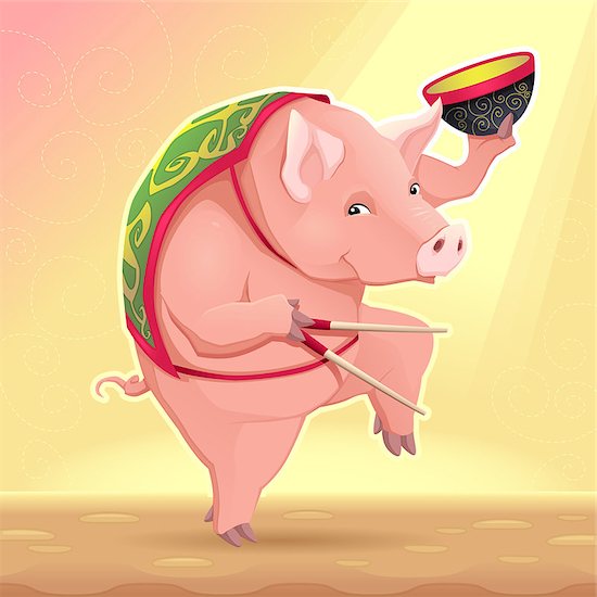 Funny pig with soup bowl and chinese sticks. Vector cartoon illustration Stock Photo - Royalty-Free, Artist: ddraw, Image code: 400-07621856