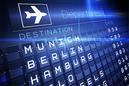 simsearch:400-07665599,k - Digitally generated blue departures board for german cities Stock Photo - Budget Royalty-Free & Subscription, Code: 400-07623131