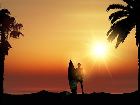 simsearch:400-04389594,k - Silhouette of a surfer in a tropical landscape Stock Photo - Budget Royalty-Free & Subscription, Code: 400-07634517