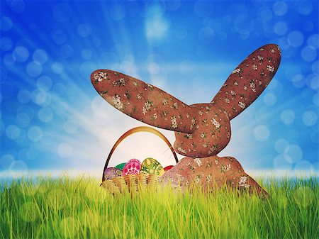 simsearch:400-06073581,k - Easter background with toon plush bunny and basket of eggs on grass field. Foto de stock - Royalty-Free Super Valor e Assinatura, Número: 400-07634598