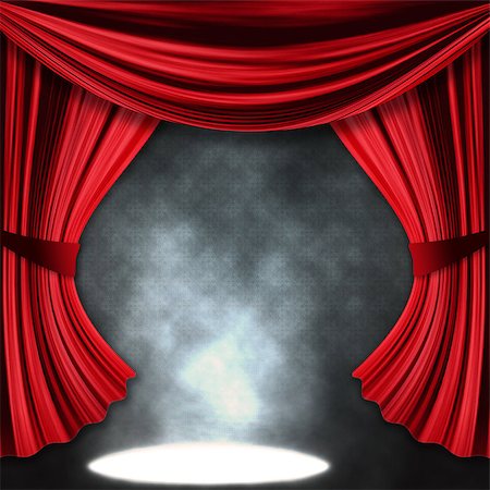 Theater stage with open red curtain and three spotlights and smoke. Fotografie stock - Microstock e Abbonamento, Codice: 400-07634591