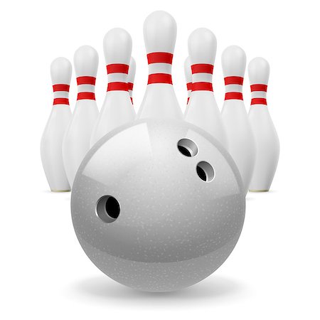 simsearch:400-04309950,k - Bowling ball with holes in front. White skittles with red stripes on a white background Foto de stock - Royalty-Free Super Valor e Assinatura, Número: 400-07630210