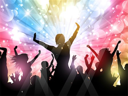 simsearch:400-04369984,k - Silhouette of a party crowd on a starburst background Stock Photo - Budget Royalty-Free & Subscription, Code: 400-07630549