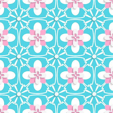 simsearch:400-07660293,k - Abstract seamless background. Floristic turquoise and pink tile ornament with cut out of paper effect. Fotografie stock - Microstock e Abbonamento, Codice: 400-07630820