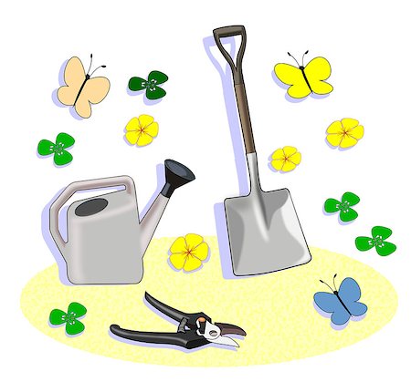 simsearch:400-06175558,k - A shovel, a watering can and some gardening shears among flowers and butterflies. Stock Photo - Budget Royalty-Free & Subscription, Code: 400-07631072