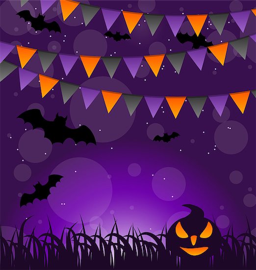 Illustration Halloween background with pumpkins and hanging flags - vector Foto de stock - Sin royalties, Artista: smeagorl, Código de la imagen: 400-07631637